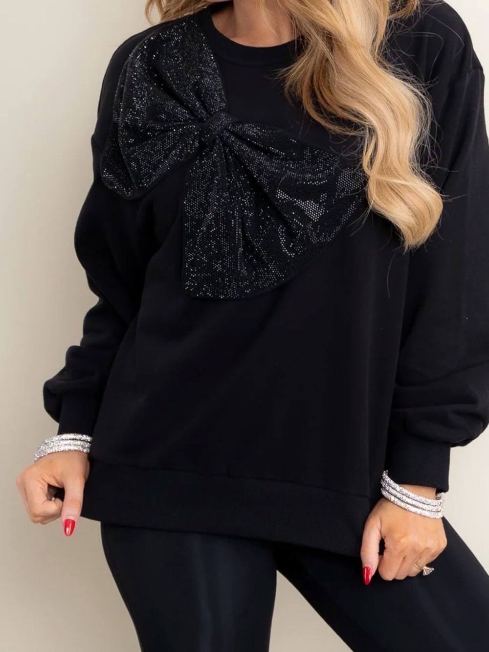 Queen of Sparkles Black Rhinestone Bow Sweatshirt